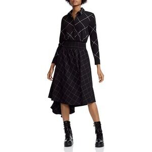Maje  Black Ralek Checked Asymmetric High Low Hem Midi Shirt Dress Size 1 Small‎